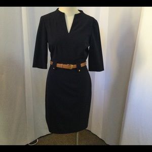 TAHARI Navy Blue V-Neck Dress & Tan Belt